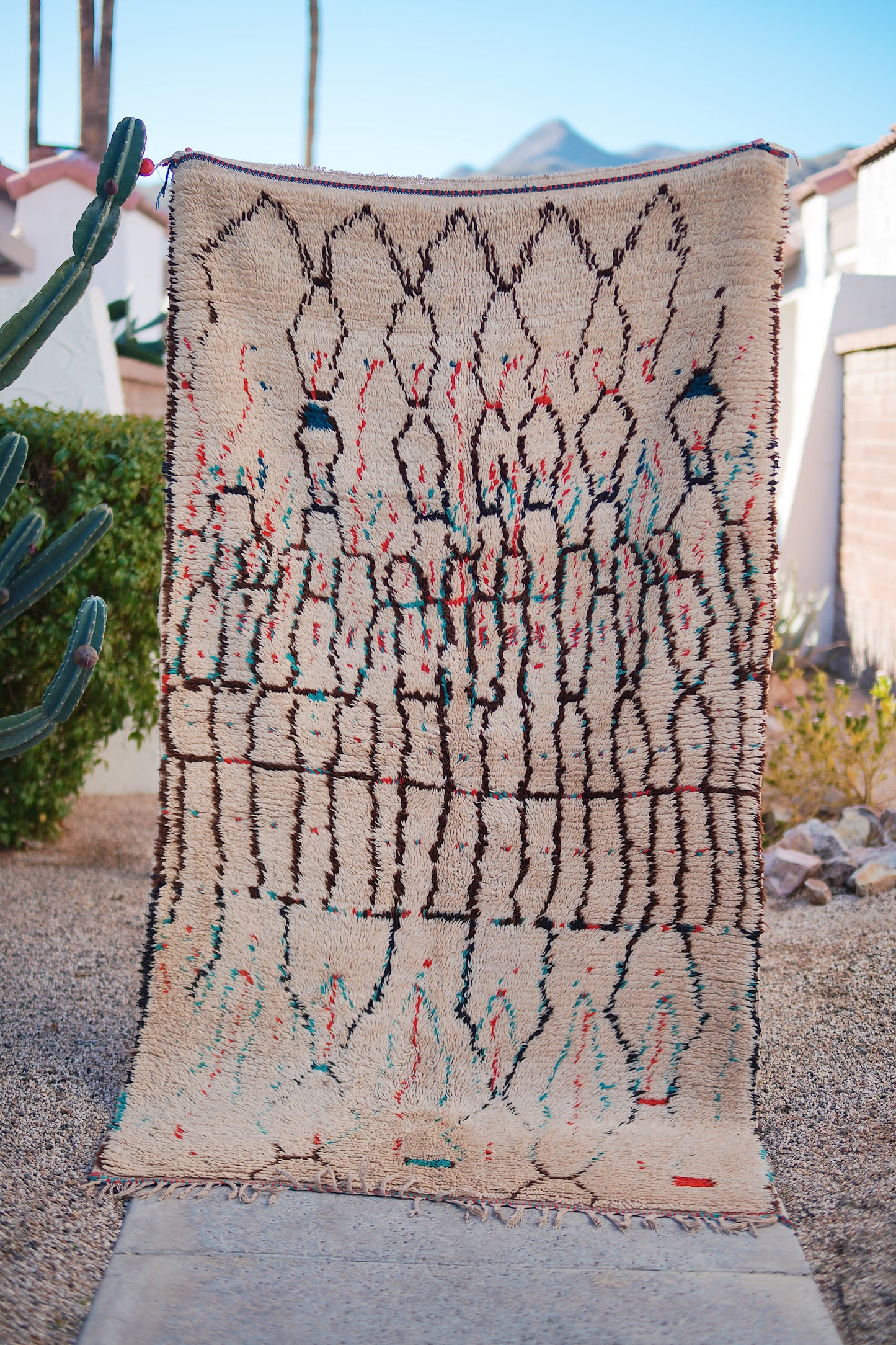 Cream with Multicolored Line Design Wool Azilal