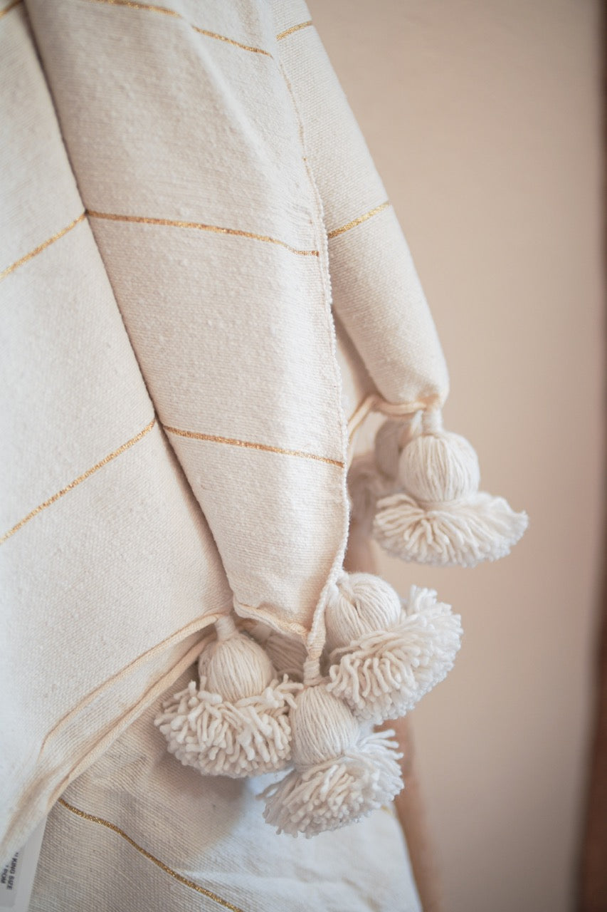 White and Gold Pom-Pom Blanket