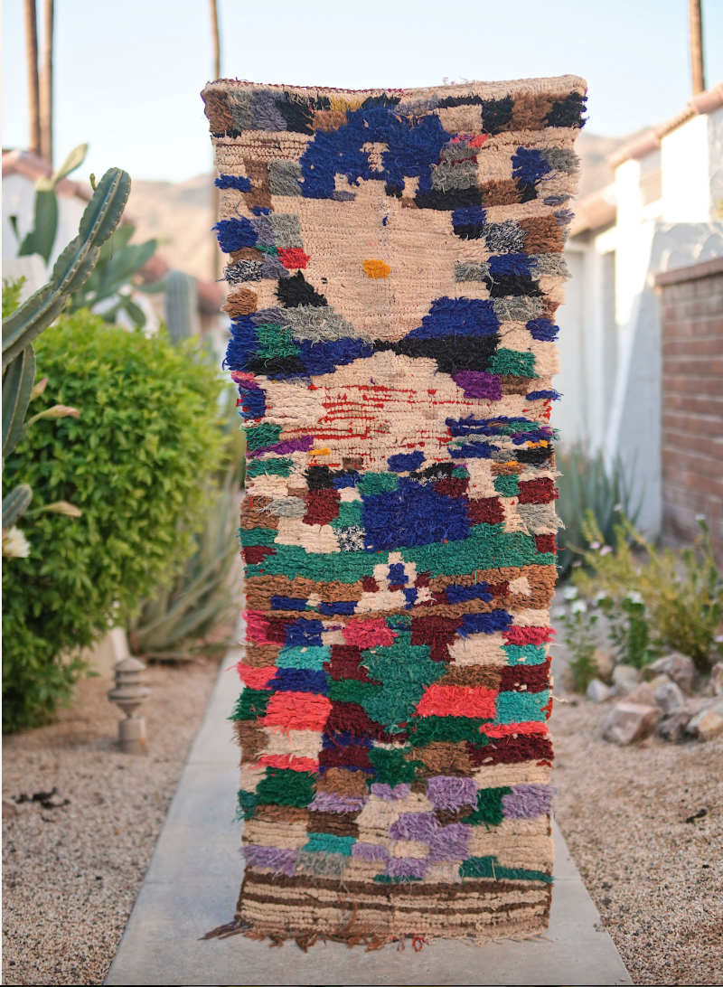 Blue and Multicolored Cotton + Wool Boucherouite