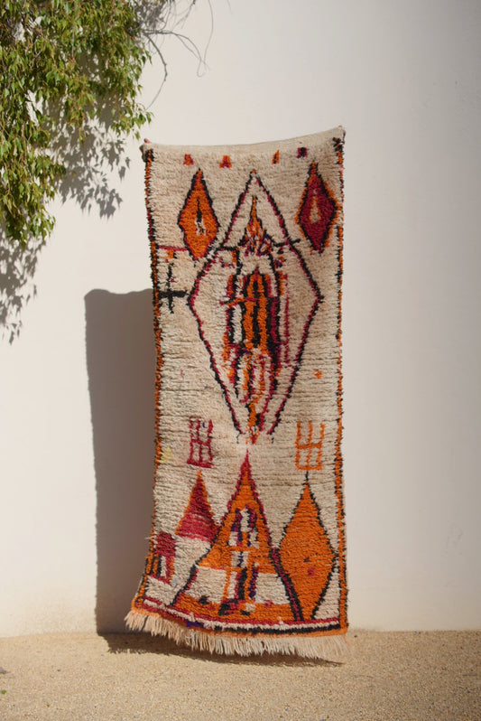 Cream and Orange Design Wool Azilal