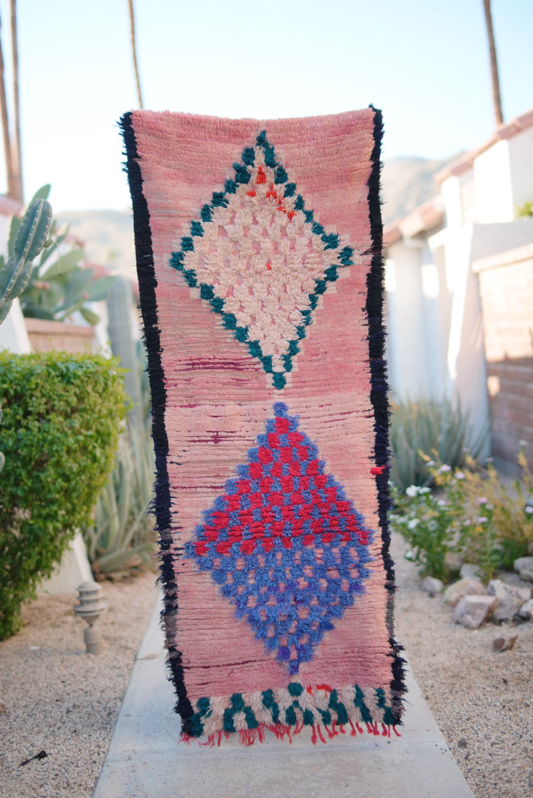 Pink with Multicolored Diamond and Black Border Cotton + Wool Boujad