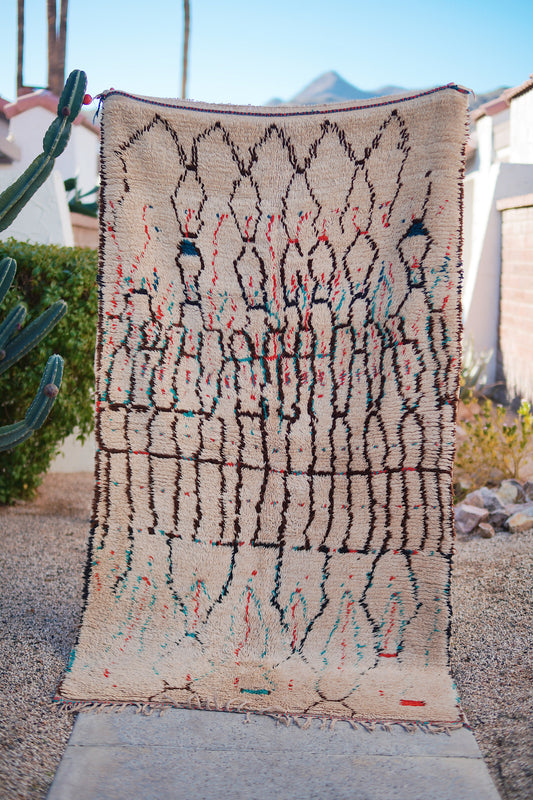 Cream with Multicolored Line Design Wool Azilal