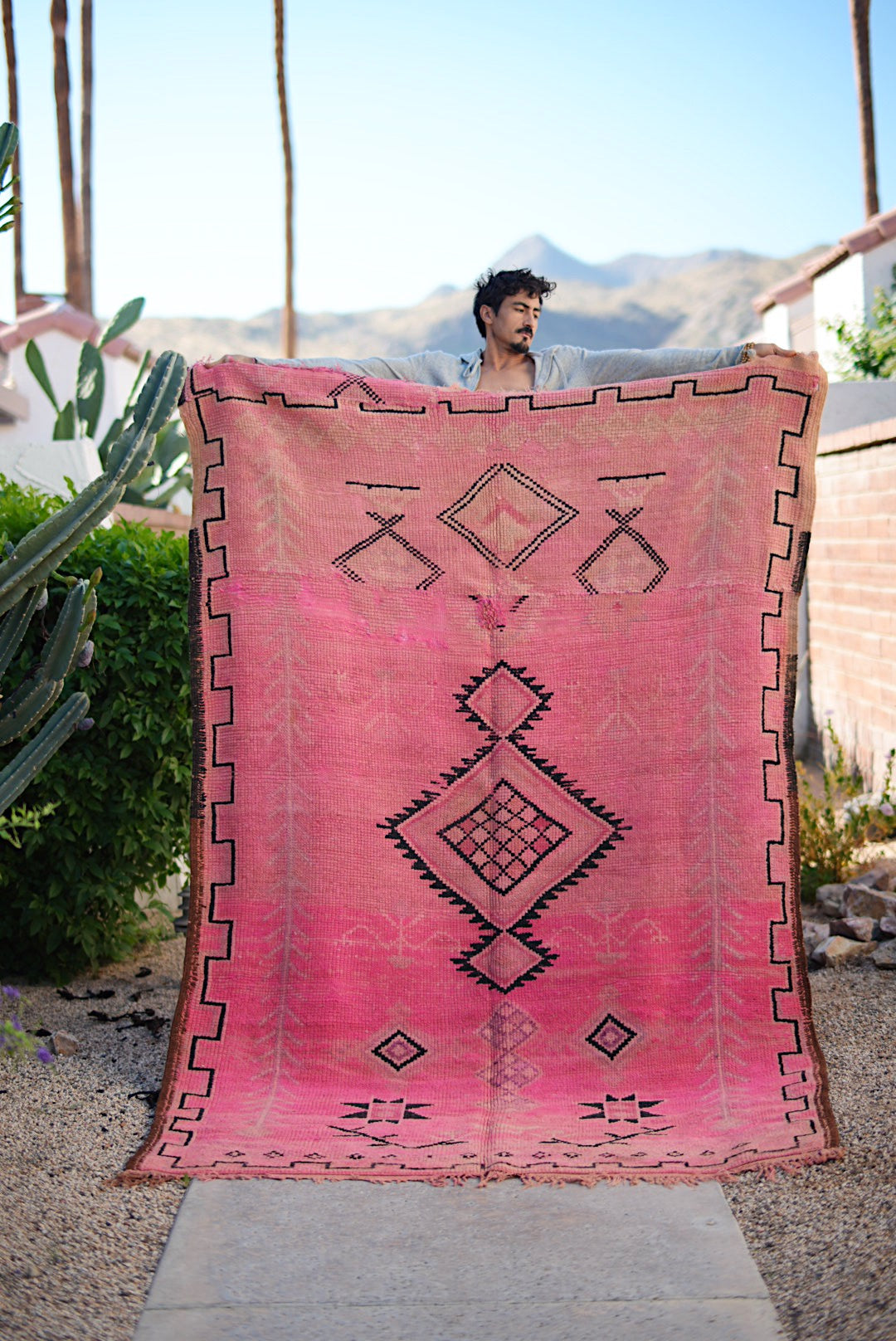 Large Pink with Black Design Wool Boujad