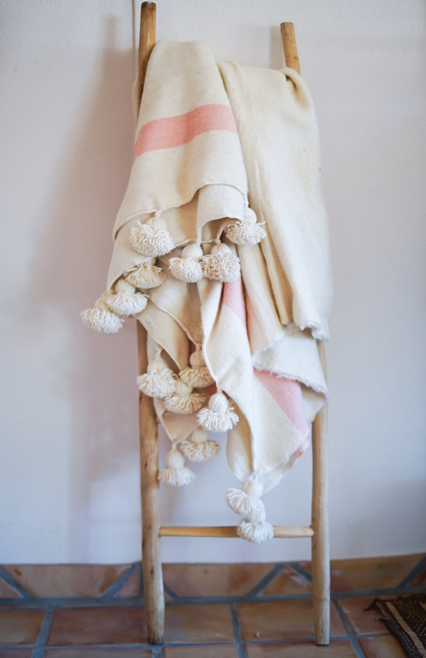 Cream and Pink Pom-Pom Blanket