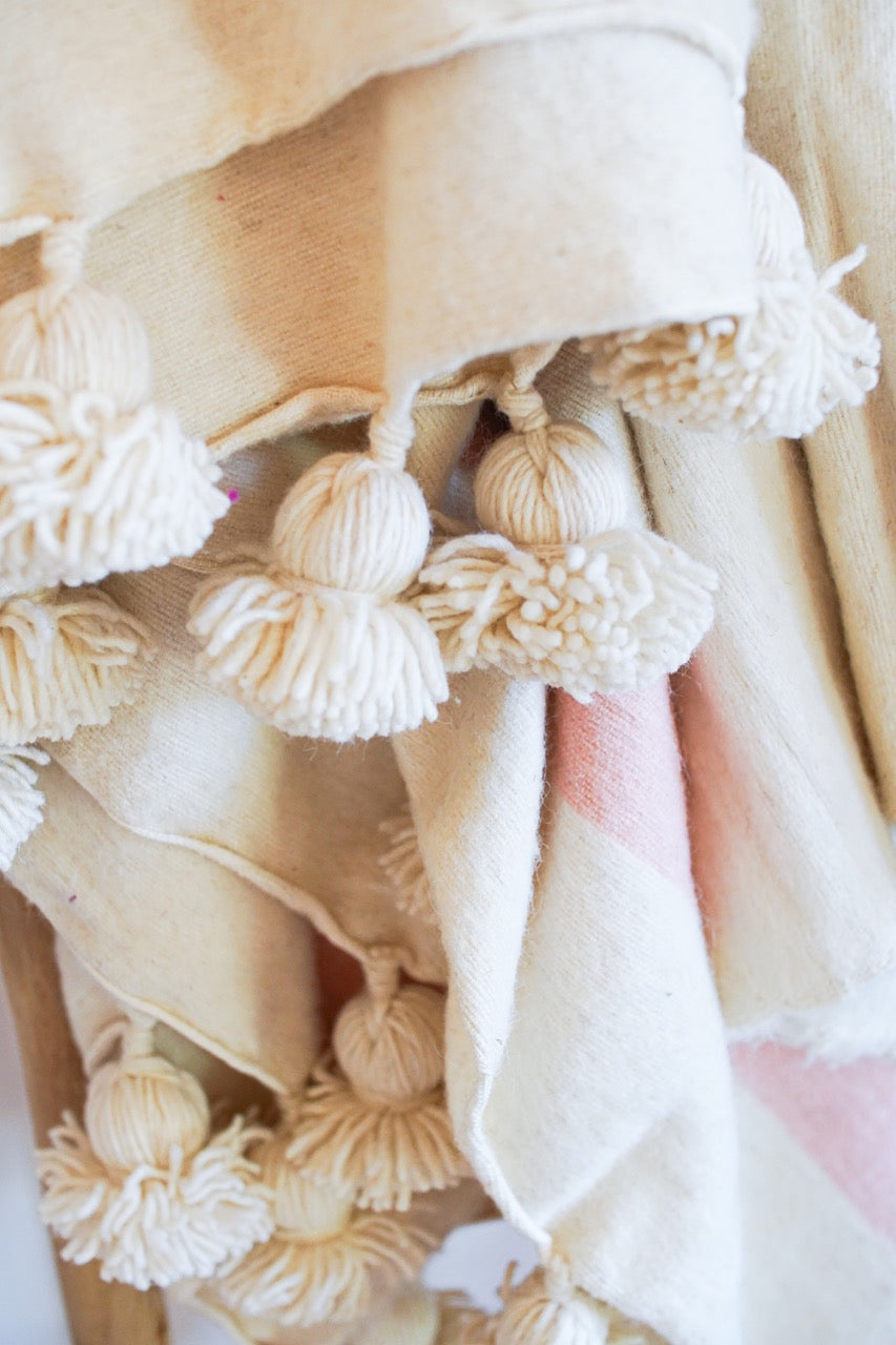 Cream and Pink Pom-Pom Blanket