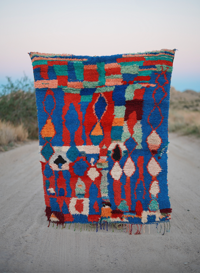 Blue and Green Multicolored Cotton + Wool Boucherouite