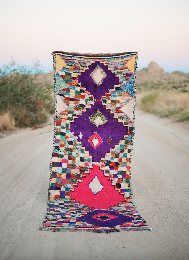 Pink and Purple Multicolored Cotton + Wool Boucherouite