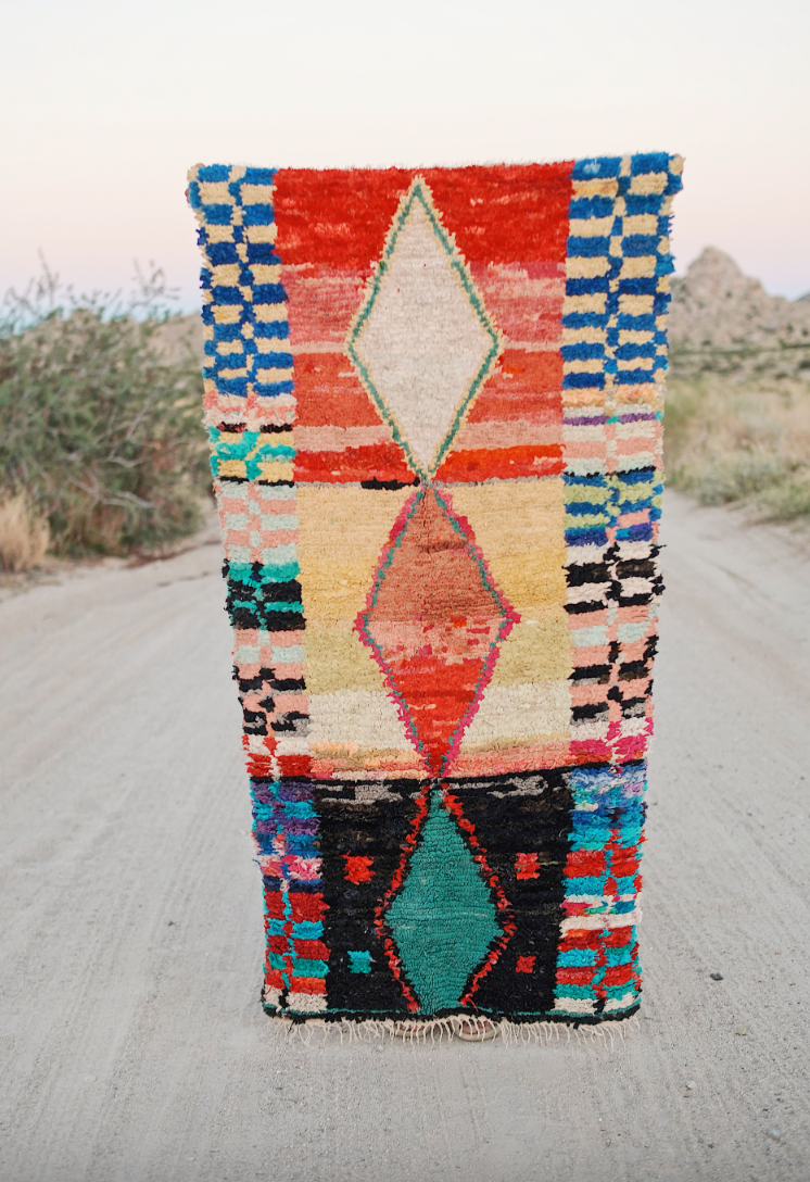Red and Blue Diamond and Checkered Cotton + Wool Boucherouite