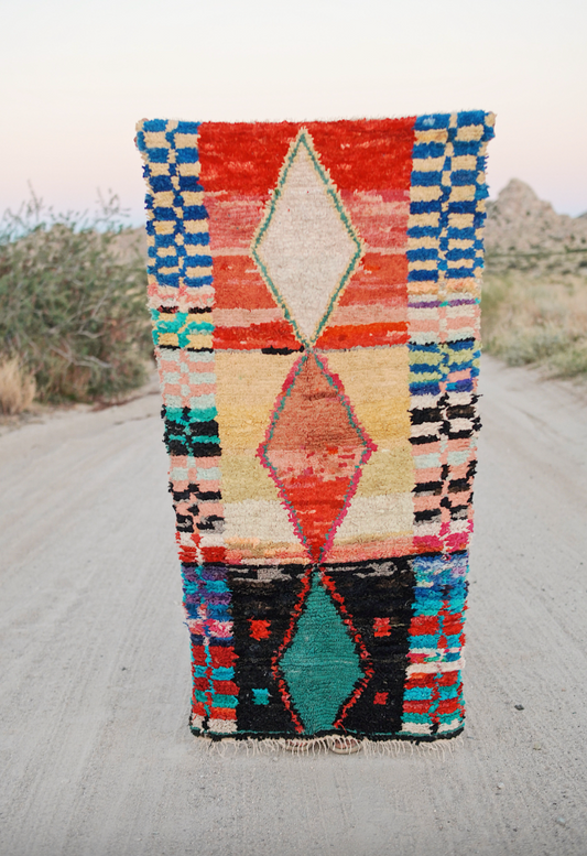Red and Blue Diamond and Checkered Cotton + Wool Boucherouite