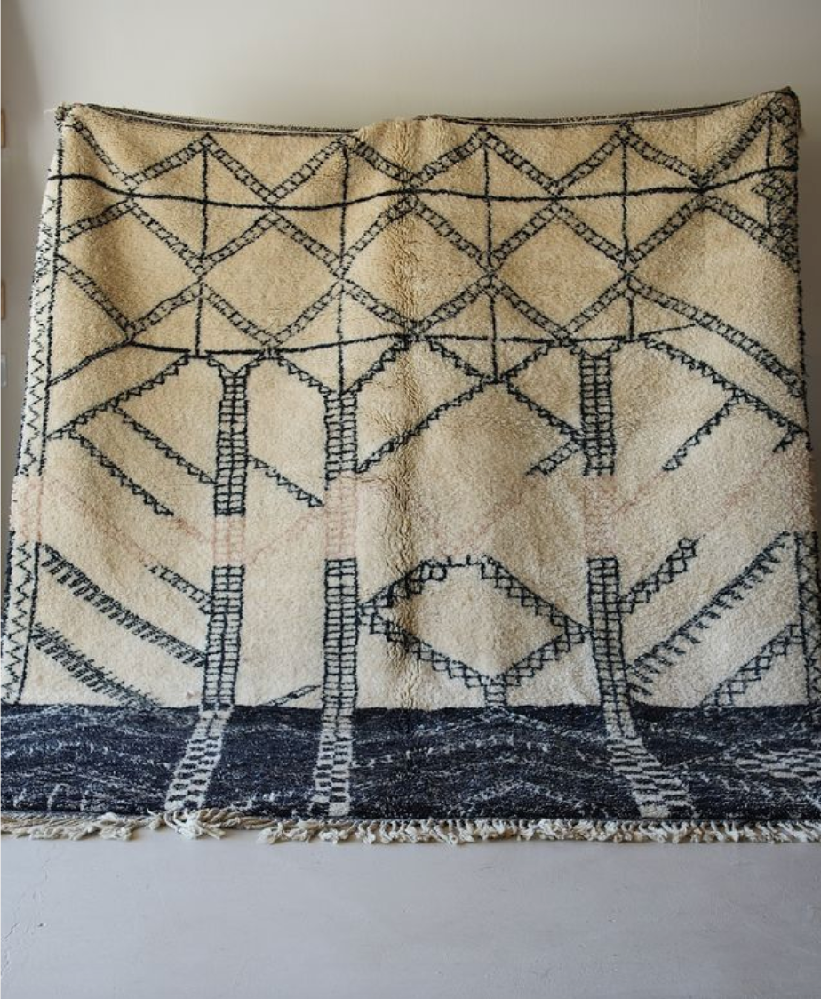 Large Black+Pink Linework Over Cream Wool Rug