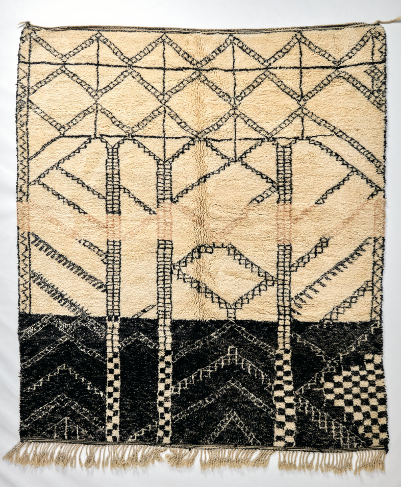 Large Black+Pink Linework Over Cream Wool Rug