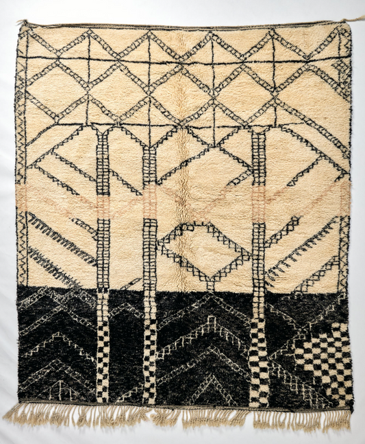 Large Black+Pink Linework Over Cream Wool Rug