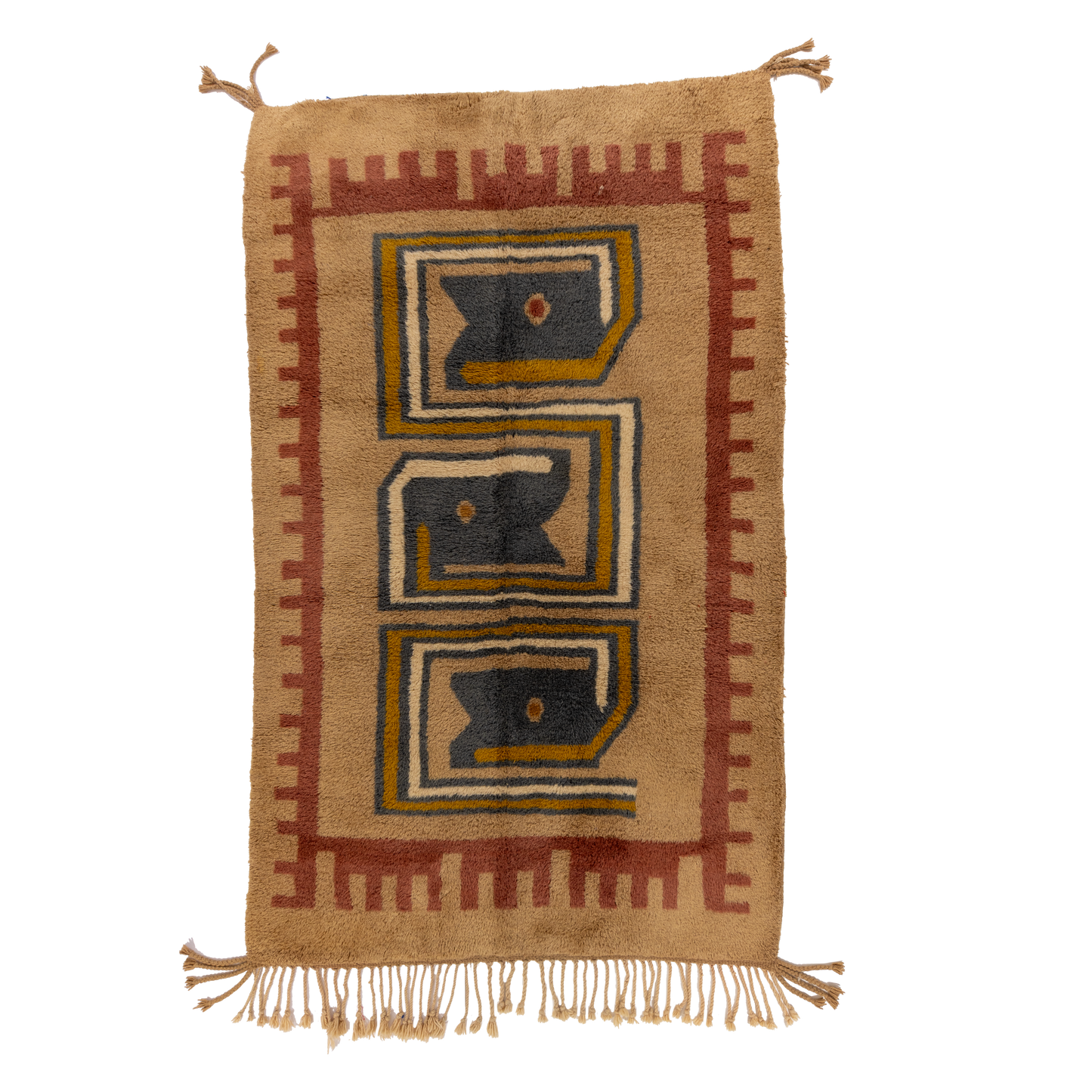 Large Tan with Multicolored Geometric Design Wool Contemporary