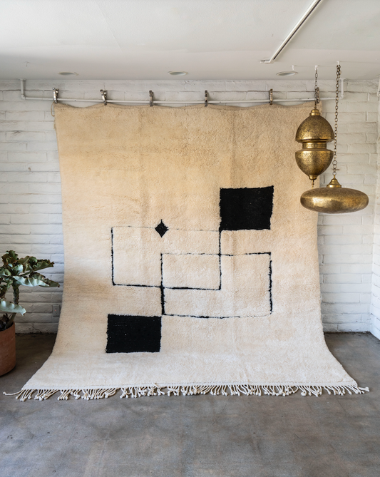 Modern Geometric Cream and Black Wool Beni M'rirt