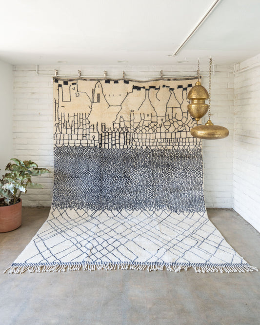 Cream and Navy Blue Wool Contemporary Beni M'rirt